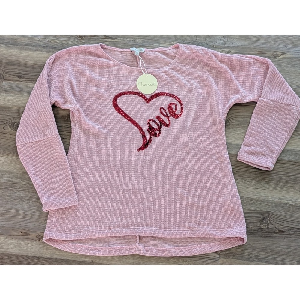 Chenault Womens Pink Chenille Sequin Love Heart Sweater Valentine Top Size M